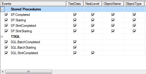 profilerevents Profiler Event Selection Tab